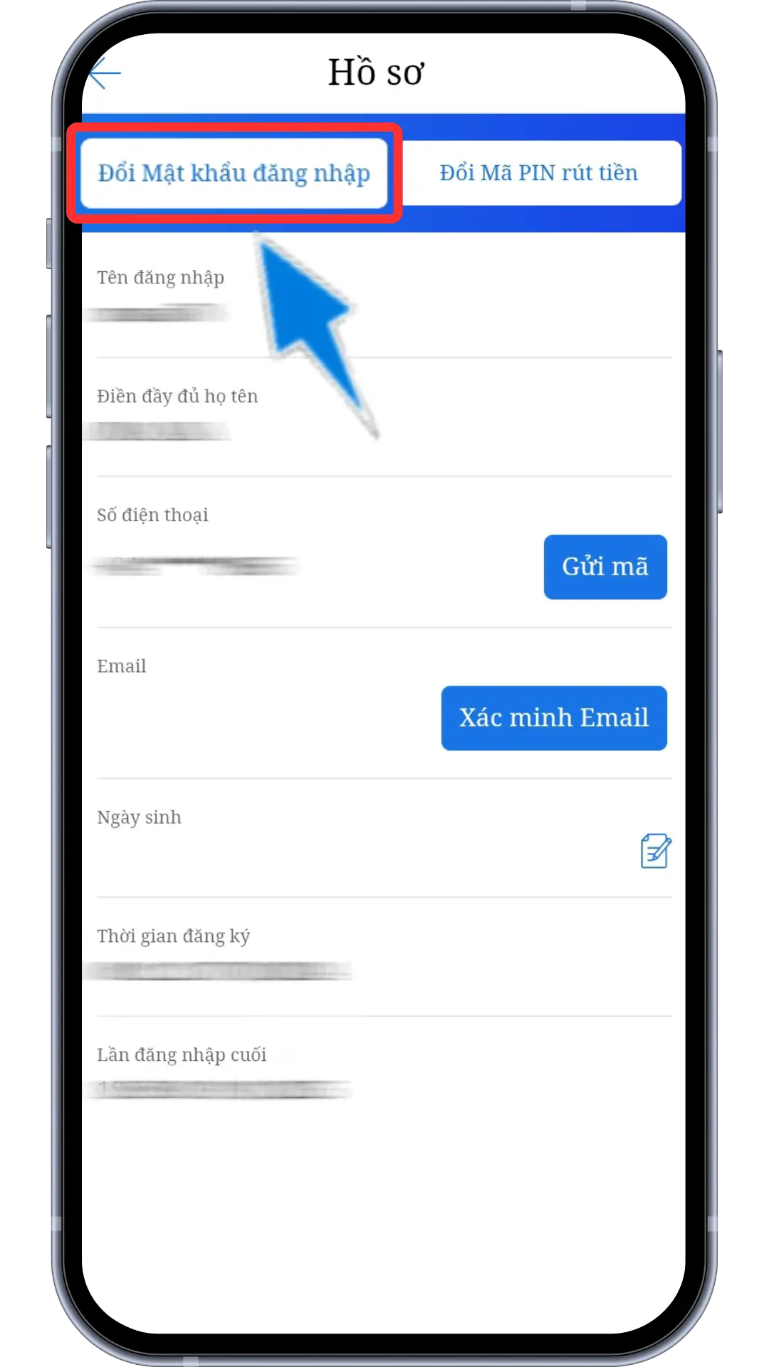 Bước 3 : Chọn "Thay Đổi Mật Khẩu Đăng Nhập"